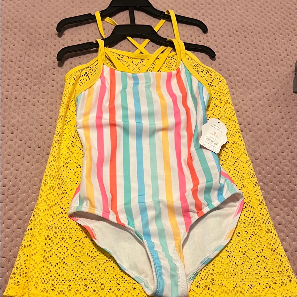 Colorful Striped Swimsuit with Yellow Cover-Up two piece
